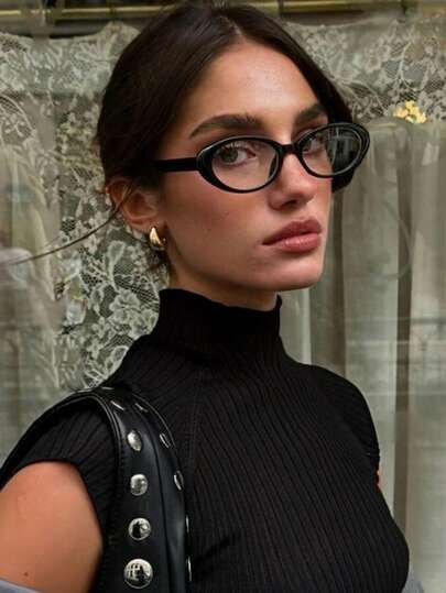 1 Pair Women's Full-Frame Oval Retro Style Eyeglasses, Transparent Lenses, Suitable For Daily Wear, Commuting, And Study.