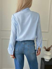 Plaid Shirt & 2026 Must-Have | Retro Blue & White Shirt | Elegant Bow Collar, Long Sleeve | Suitable For Fashionable Office, Garden Party And New Year's Eve | Spring/Summer Versatile Top - Blue - View 2