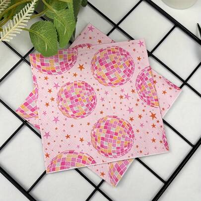 20pcs/40pcs/60pcs/Set,Pink Disco Party Napkins With Colorful Sphere & Star Print - 2-Ply Durable Paper For Birthdays, Weddings, Seasonal Celebrations - Decorative & Versatile Table Setting Essentials, Birthday Party Supplies, Wedding Decor
