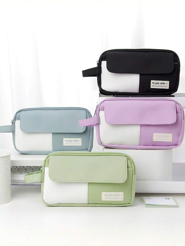 Flip Cover Pencil Case Pen Bag Hitting Color 3 Compartments Pocket Oxford Fabric Handbag Storage Pouch For Stationery School