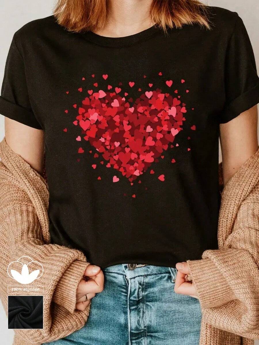 Camiseta casual negra para mujer, 100% algodón, con estampado gráfico de corazón grande, camiseta casual y cómoda de manga corta con cuello redondo, ropa de primavera y verano, adecuada para cualquier ocasión, color sólido, casual, uso diario. - Negro - Ver 1