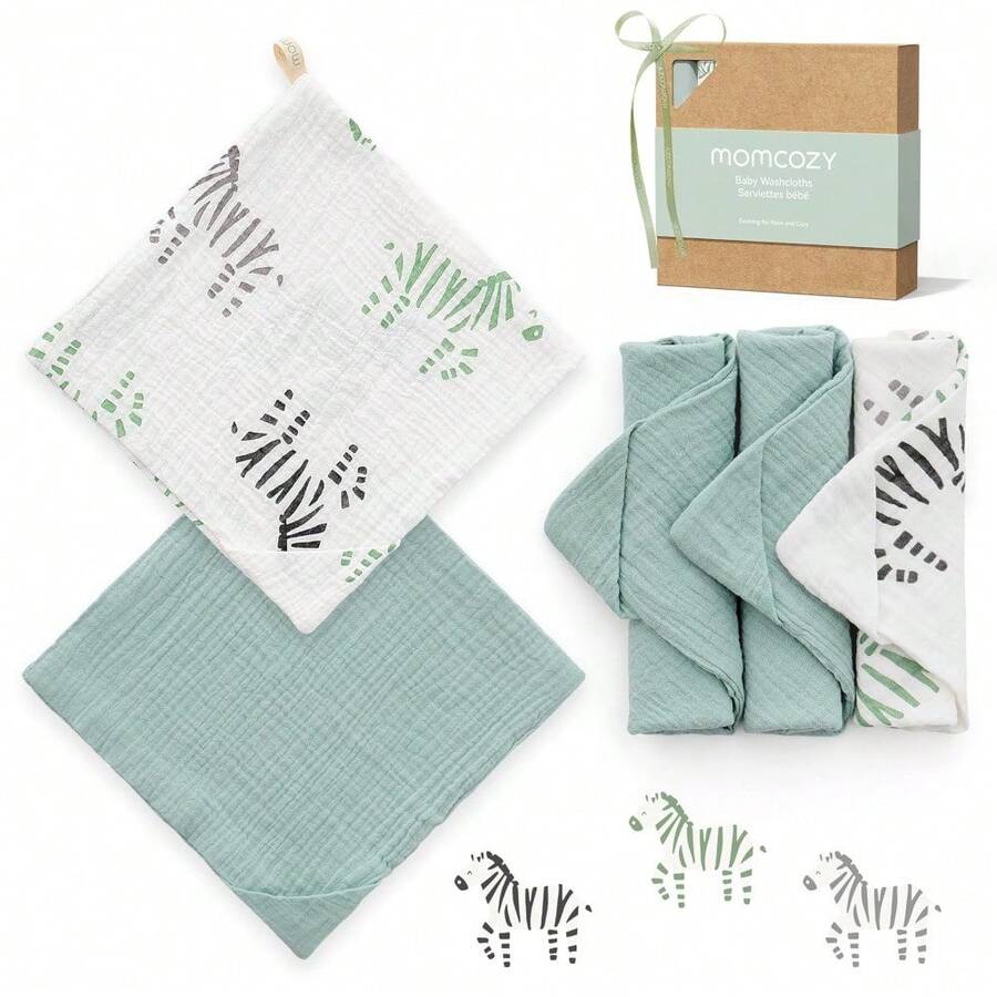 Momcozy Soft & Absorbent Baby Washcloths - 4 Layer Design| Medium Thickness| Premium Cotton For Newborns' Skin-Great For Bathing, Wiping & On-The-Go Use, Shower Gift And Essential(5 Pack, 10x10 Inch) - Ngựa vằn chạy nước kiệu - Xem 1