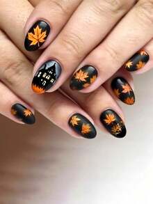 Juego de 24 uñas postizas de cobertura completa con diseños de hojas de arce, castillo negro y temática de Halloween para otoño e invierno