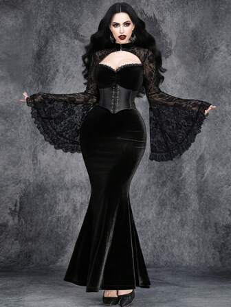 ゴシック優雅華やかロマンチック ヴィンテージ ハロウィーン 魔女 スリーブ コスプレ ローズレース ステッチ ベロア Vネック マーメイドパーティードレス