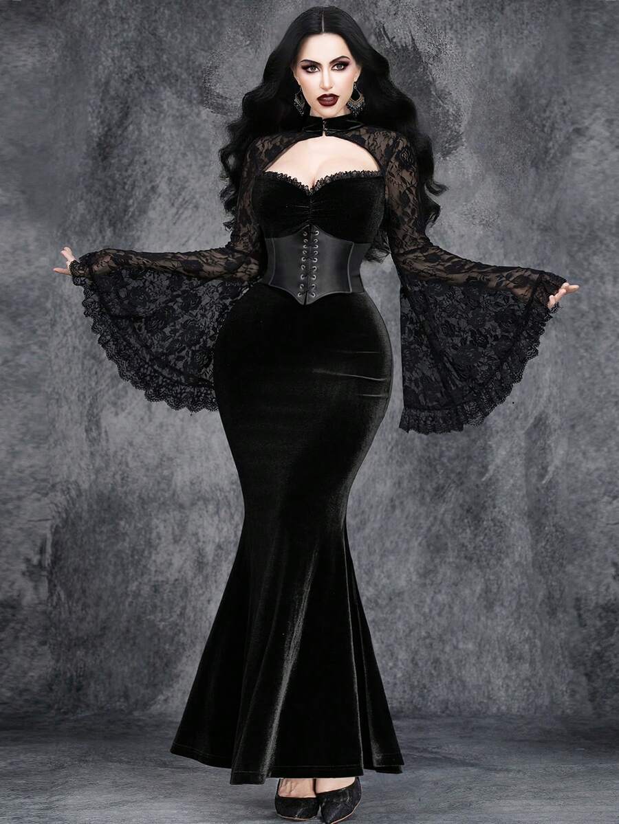 Women's Gothic Elegant Gorgeous Romantic Vintage Halloween Witch Sleeves Cosplay Rose Lace Stitching Velvet V-Neck Fishtail Party Dress - Black - View 1