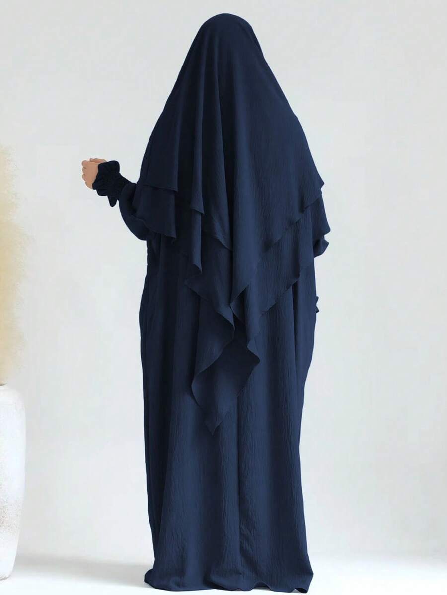 两件套双层系带头巾（Khimar）+宽松舒适长袍（Abaya），方便祈祷，适合穆斯林女性日常穿着和祈祷，四季皆宜。 - 彩色 - 查看 1
