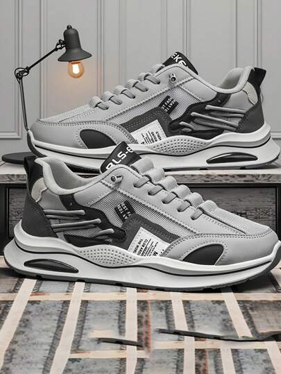 Men's Lace-Up Shock-Absorbing Anti-Slip Sports Shoes, Brand Design, Durable & Comfortable Outdoor Running Training Gym Shoes, Suitable For Casual Sports