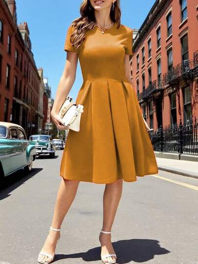 فستان كوكتيل أنيق بلون أحادي وطراز كلاسيكي للنساء