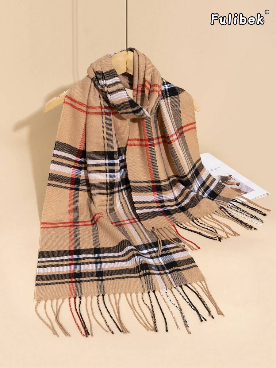 1pc New Autumn/Winter Women's Couple British Style Tassel Warm Scarf, Fashion Street Soft Comfortable Shawl Suitable For Daily Use - Wine Red - View 1