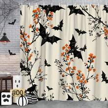 1PC Halloween Bats & Orange Flowers Shower Curtain - Gothic Wings & Dark Branches Design, Black & White Polyester Bathroom Decor Perfect For Home Bathroom Or Shower - 樣式1 - 查看 4
