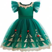 少女绿色网纱派对连衣裙，优雅公主风，适合女孩生日派对、圣帕特里克节、日常休闲穿着