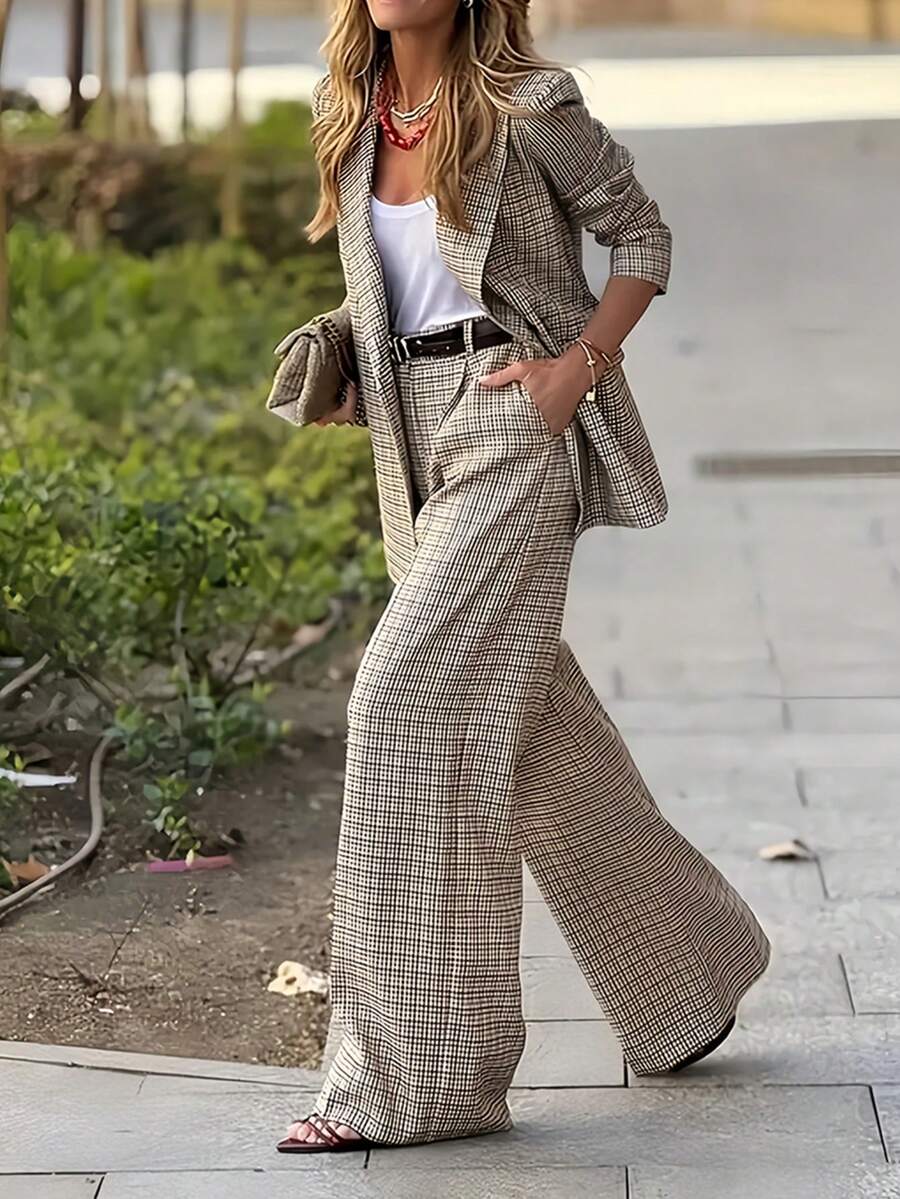 Conjunto de traje a cuadros para mujer para Navidad, primavera y otoño, ligero, chaqueta y pantalones de pierna ancha a medida, elegante y de moda, conjunto de 2 piezas para uso en la oficina