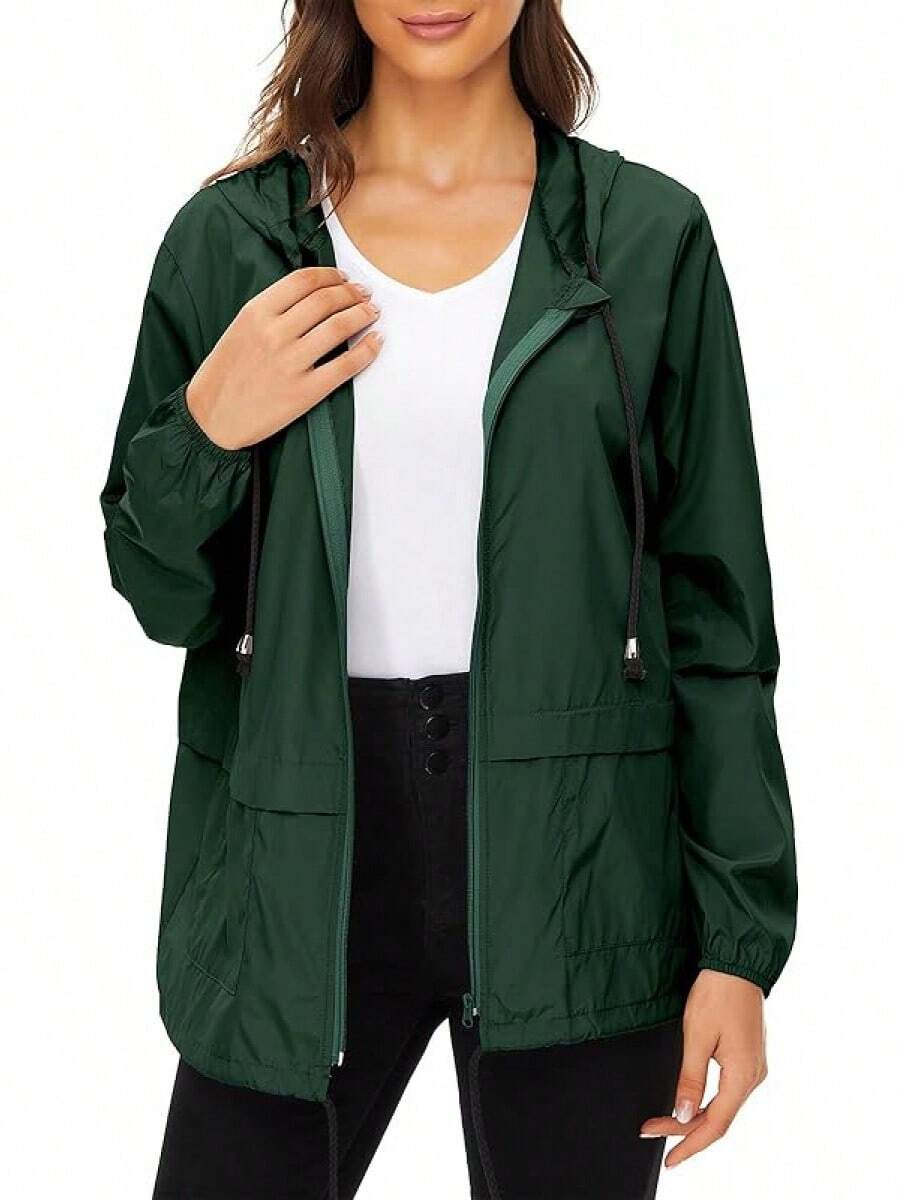 Packable Waterproof Lightweight Women's Rain Jackets With Hood Windbreaker - Green - View 1