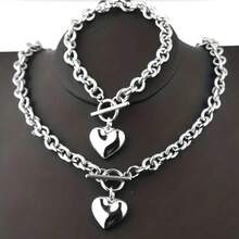 Titanium Stainless Steel 2pcs Hollow Heart Necklace & Bracelet Set - Jewelry For Men And Women - 愛心項鍊+手鐲 - 查看 1
