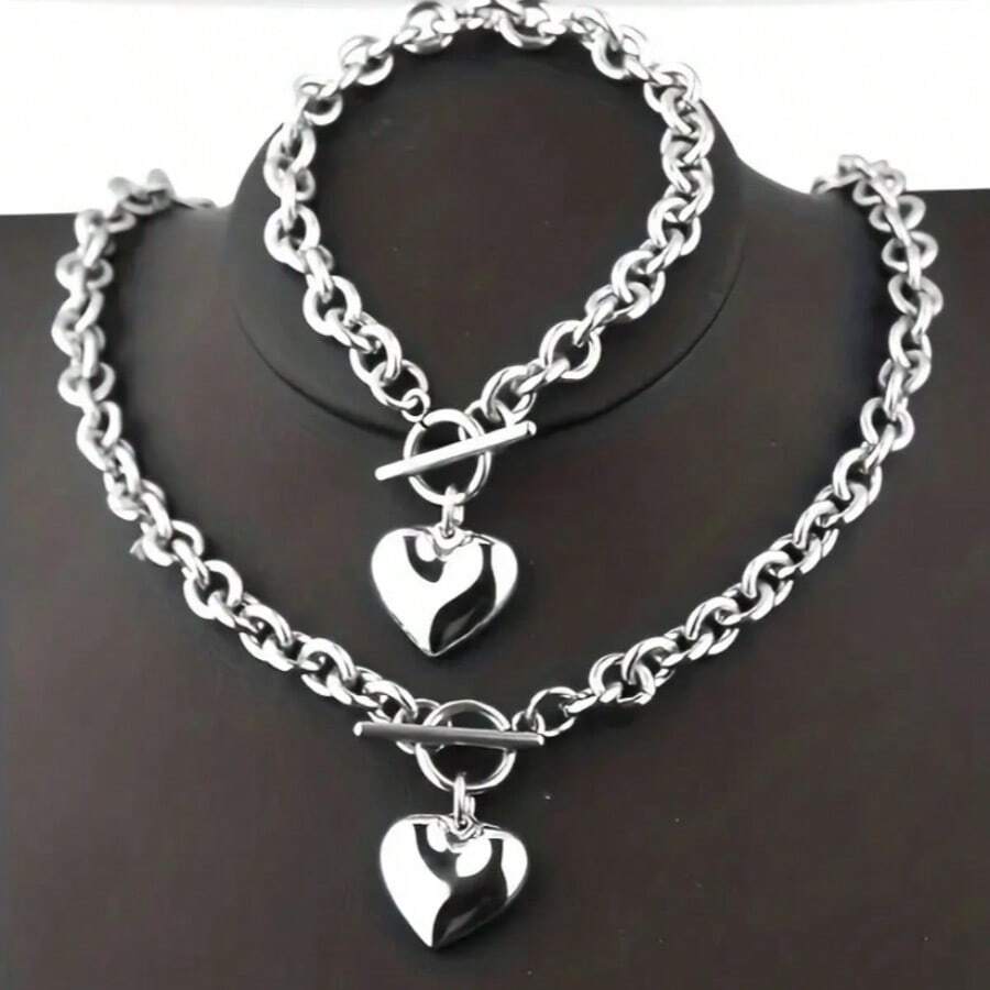 Titanium Stainless Steel 2pcs Hollow Heart Necklace & Bracelet Set - Jewelry For Men And Women - 愛心項鍊+手鐲 - 查看 1
