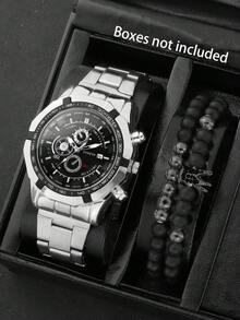 3pcs/Set Men's Oversized Dial Quartz Watch With Alloy Band, Suitable For Business, Sports, Daily Wear, And Beaded Crown Bracelet