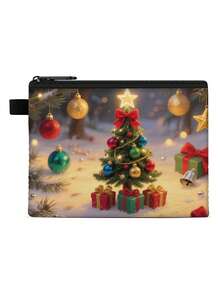 1 pieza Monedero compacto con cremallera, bolsa con cremallera de poliéster de moda y duradera con estampado gráfico con temática navideña, ideal para guardar monedas y pequeños artículos esenciales, regalo divertido con cierre , material duradero, fácil de mantener