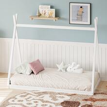 Twin Size House Floor Bed Frame,Wooden Montessori Low-Floor Bed  House Shape Tent Bed Frame Roof For Boys Girls Teens For Kids,Twin Size Kids Bed, White