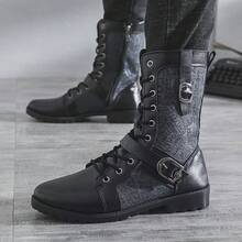 Men High-Top Leather Riding Boots - Black + Height Increasing Insole - View 3
