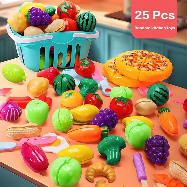 25pcs Colorful Plastic Cutting Food & Vegetable Toys - Pretend Play Food For Early Education, Role Play And Holiday Gifts, Educational Toys | Fun Kitchen Scene | Durable Plastic
