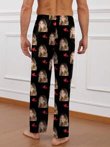 Pantalones de pijama personalizados para hombres con diseños únicos e interesantes como retratos, rostros de pareja, mascotas, dibujos animados y temas navideños, para invierno - Negro - Ver 2