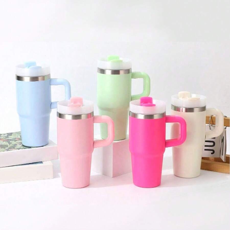 14oz Stainless Steel Double Wall Insulated Tumbler With Handle & Straw, Blank For Heat Press Sublimation, DIY Craft Cup, Outdoor Sports, Travel Camping, Holiday Gift - Multicolor - View 1