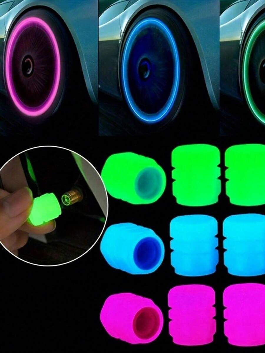 4pcs Car Tire Valve Stem Caps Fluorescence, Luminous Air Caps Cover, Universal For Cars, Bike, Trucks And Motorcycles, Bicycle Lighting Accessories