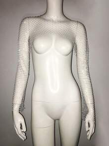 1 pieza Cubre-todo de mujer con hombros descubiertos, de manga larga, corto y con diseño de red transparente con strass, de estilo callejero sexy y lindo - Multicolor - Ver 15