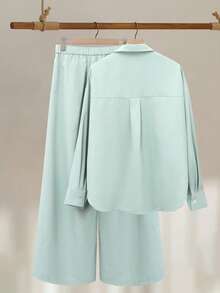 Damen Lässig Mode Herbst/Winter Neu Perlenknopf einfarbig Stehkragen Langarm Hemd kombiniert mit vielseitiger Weite Hose Set, geeignet für Ausflüge, Arbeit, Veranstaltungen, elegante und stilvolle Pendlerkleidung, eine ideale Wahl für Damen Herbstbekleidung, Halloween Kostüme, Berufskleidung, Hochzeitsgast Kleider, Damen Hemden mit Knopfleiste und Damen Weite Hosen. - hellgrün - Übersicht 6