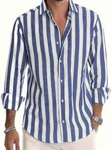 Men's Casual Striped Long Sleeve Button-Down Collared Shirt, Versatile For Date, Beach, Vacation, Gift, For Fall