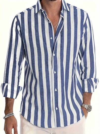 Men's Casual Striped Long Sleeve Button-Down Collared Shirt, Versatile For Date, Beach, Vacation, Gift, For Fall