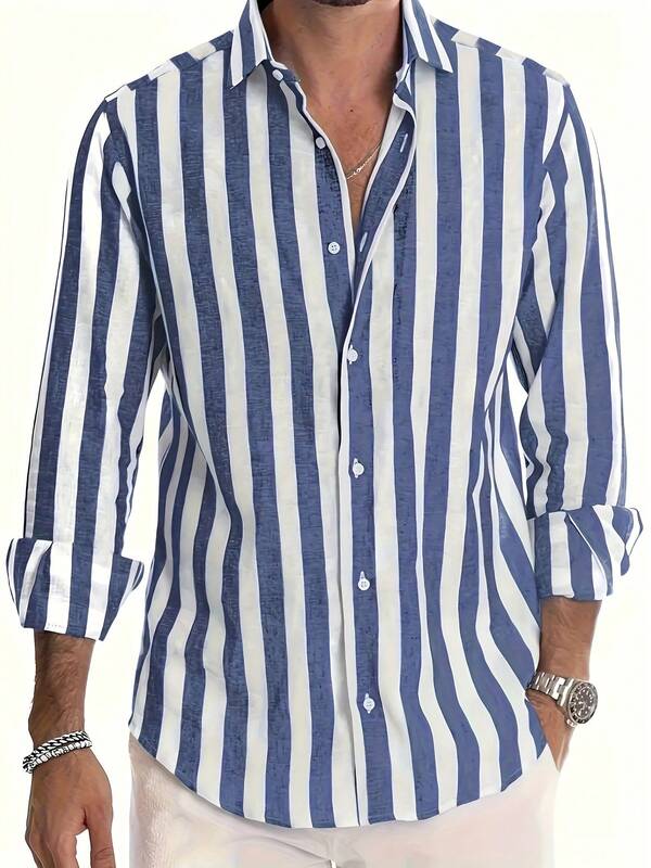 Camisa casual de manga larga con botones y cuello, a rayas, para hombre, versátil para citas, playa, vacaciones, regalo, para el otoño