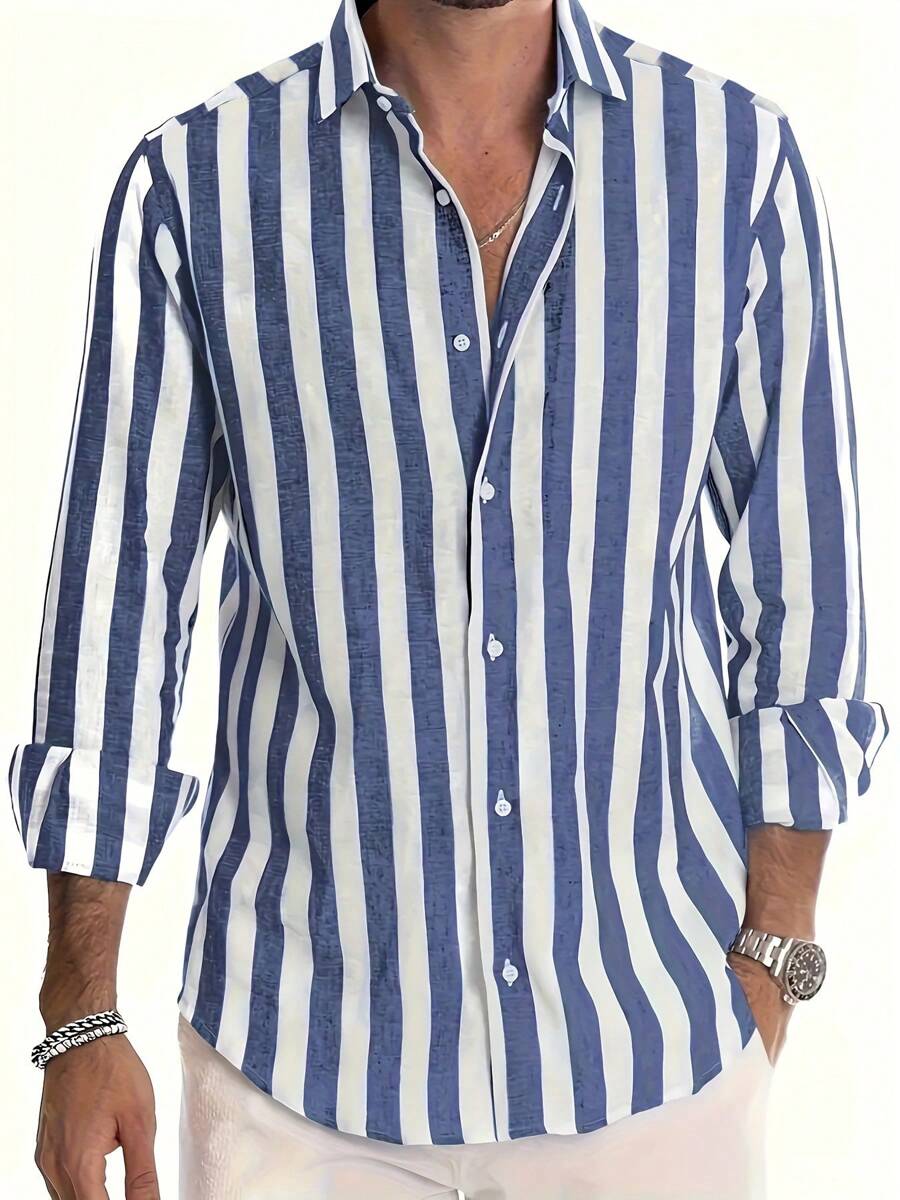 Men's Casual Striped Long Sleeve Button-Down Collared Shirt, Versatile For Date, Beach, Vacation, Gift, For Fall