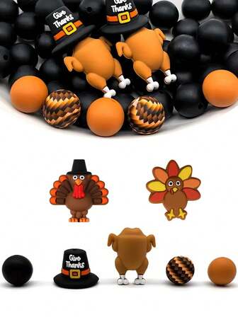 Thanksgiving Silicone Beads - 3D Turkey & Fun Hat Charms, Mixed Spacer Beads With Sequins For DIY Jewelry, Keychains, Crafts - Holiday Decorations & Gift Making Supplies
