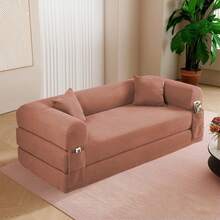 Sofa Bed,80"4-In-1 Convertible Modular Sofa Bed With Pillows,Floor Lounge Sofa, Corduroy Foldable Sofa Bed,For Living Room, Bedroom, Lounge, Studio No Assembly Needed - 粉色 - 查看 2