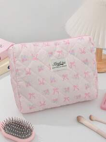 1 Pieza Bolsa de maquillaje con lazo, bolsa de almacenamiento de maquillaje de gran capacidad con asa, estilo acolchado simple, bolsa de maquillaje multifuncional, bolsa de viaje de tocador, bolsa de tocador estética de viaje, bolsa de almacenamiento de herramientas de belleza, bolsa de cosméticos para regalos, regalos para mujeres, bolsa de viaje, artículos esenciales de viaje, bolsa de mamá e hija