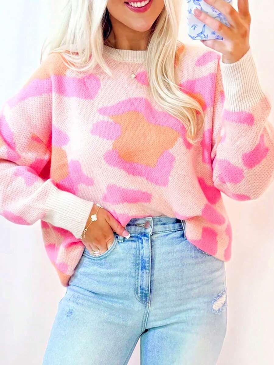 Acelitt Áo len nữ cổ tròn dệt kim dáng rộng, họa tiết da báo trừu tượng, thích hợp mặc mùa đông. - Nhiều màu - Xem 1