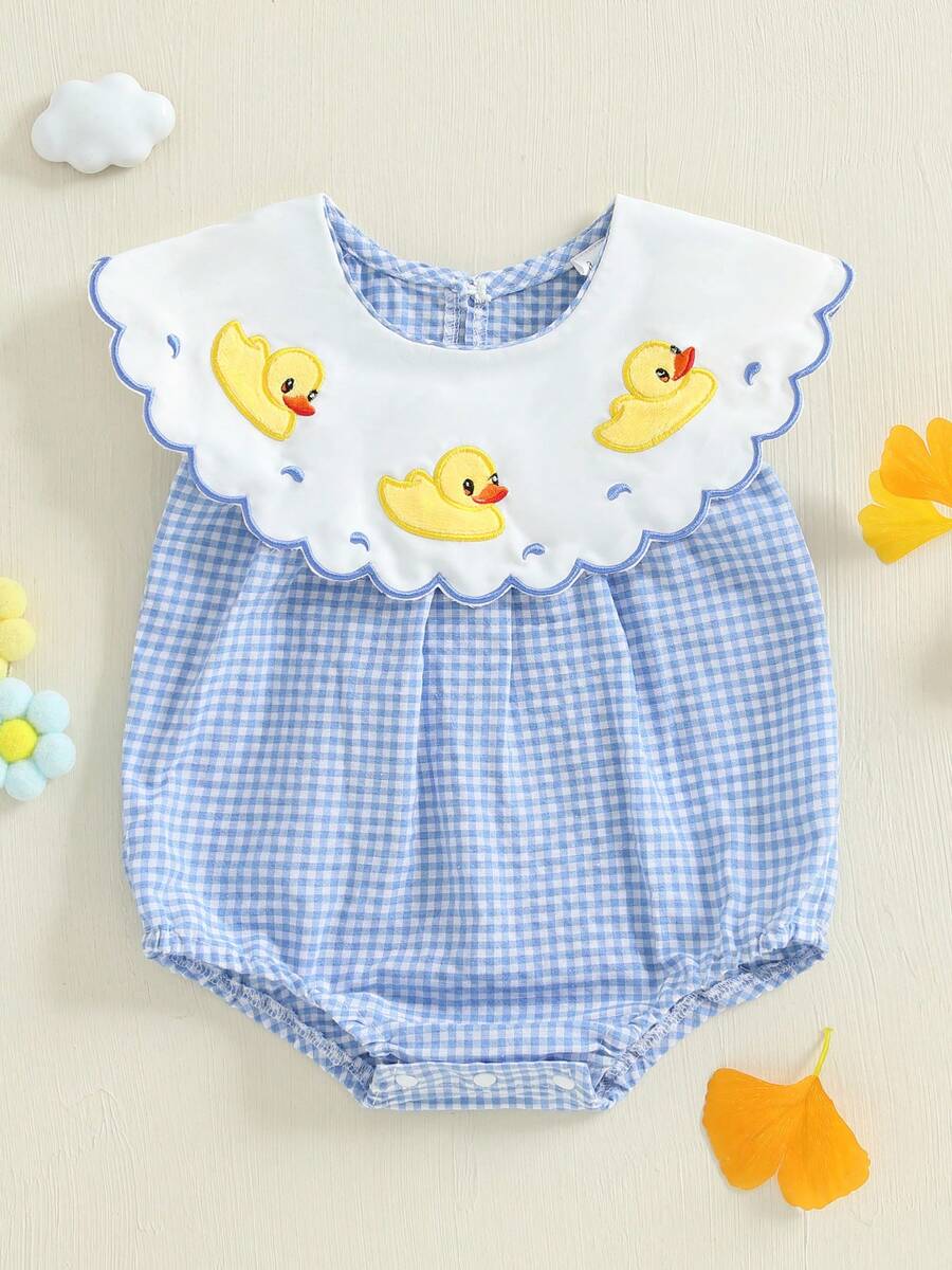 Newborn Baby Girl Romper Farm Outfit Mallard Duck Embroidery Doll Collar Sleevelss Bodysuit  Duck Summer Clothes - 藍色 - 查看 1