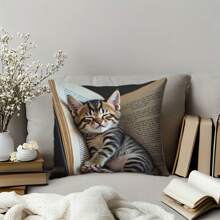 1 件舒适猫书抱枕套 - 17.7x17.7 英寸，100% 涤纶，单面印花，拉链开合，可机洗，客厅和卧室午睡新奇装饰，睡猫图案，不含枕芯 - 彩色 - 查看 7