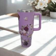 Floral Stainless Steel Thermal Mug With Handle, Lid, And Straw For Coffee, Tea, Juice, Or Water. Designed To Be Portable, It's Ideal For Travel, The Gym, The Car, The Office, And As A Gift. - Roxo Prêmio - 查看 1