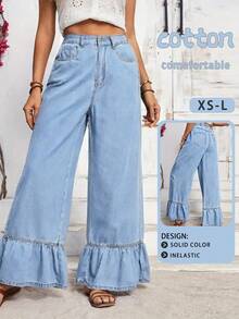 Ruffle Hem Wide Leg Jeans, Relaxed Loose Comfortable Blue Denim Pants, Vacation Style, Suitable For Casual Outings, Travel In Spring, Summer, Autumn And Winter - Blue - View 3