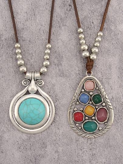 1 件波西米亚风格水滴吊坠项链，适合女士，时尚复古多色树脂绿松石项链，树脂配饰，适合海滩、日常佩戴，适合送给女朋友、姐妹、长辈的礼物