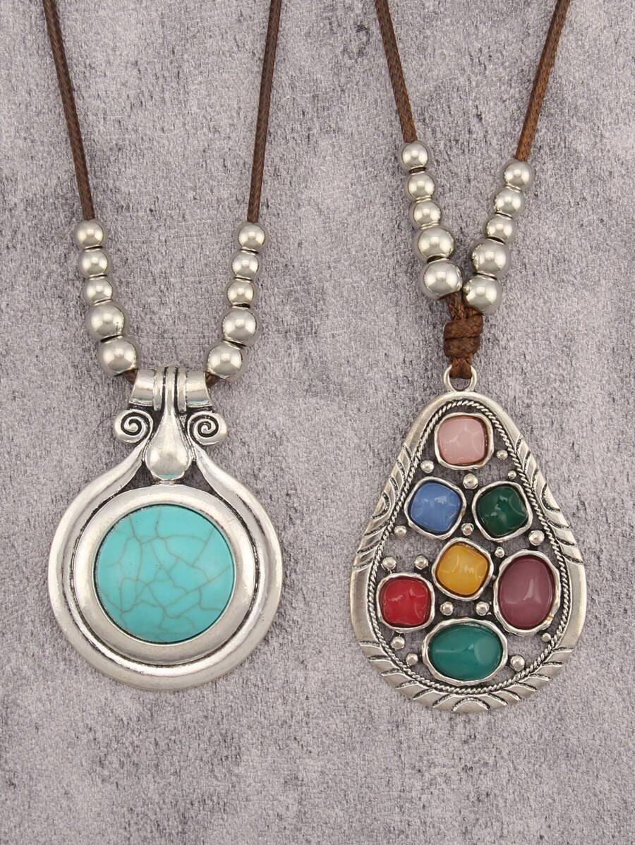 1 件波西米亚风格水滴吊坠项链，适合女士，时尚复古多色树脂绿松石项链，树脂配饰，适合海滩、日常佩戴，适合送给女朋友、姐妹、长辈的礼物