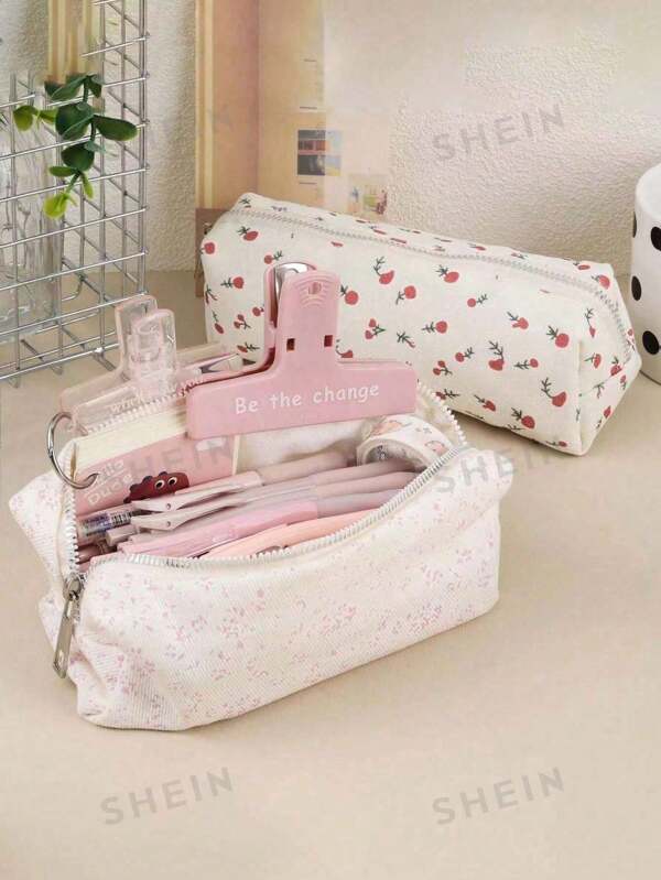 1 pièce Étui à crayons imprimé floral rose frais, indispensable pour la rentrée scolaire, sac de rangement de papeterie de style Ins pour étudiants, sac de maquillage de style naturel, fournitures scolaires magnifiques, fournitures de bureau, cadeaux, boîtes de rangement de bureau, papeterie mignonne, sac de maquillage, rentrée scolaire, fournitures scolaires