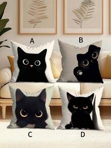 4pcs/ 1 Pc Halloween Cute, Simple, Shy Little Black Cat Short Plush Printed Pillowcase, Suitable For Living Room, Bedroom, Sofa, And Can Be Used For Home Decoration, Halloween Decoration, And Room Arrangement. - Black and White - View 15