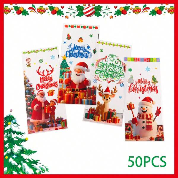 50 قطعة أكياس تغليف حلوى عيد الميلاد، أكياس هدايا مسطحة ب- 4 أنماط متنوعة مع أربطة