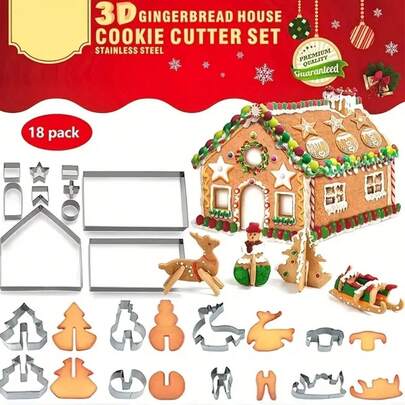 10pcs/18pcs 3D Christmas Gingerbread House Cookie Cutter Set, Stainless Steel Cartoon Reindeer, Snowman Cookie Molds, Suitable For Holiday, Birthday Cake, Dough, Donuts, Fondant - Baking Tools