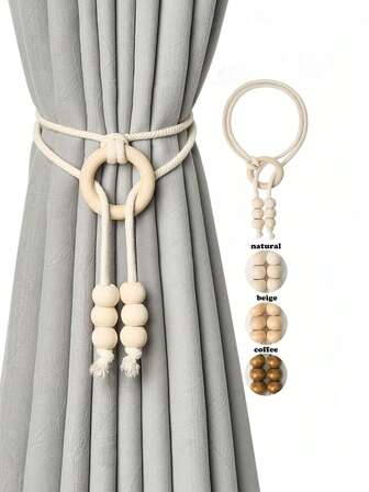2 piezas/4 piezas Sujetadores de cortina de estilo bohemio con cuentas de madera y cuerda de algodón, disponibles en múltiples colores y tamaños, adecuados para fijar y decorar cortinas
