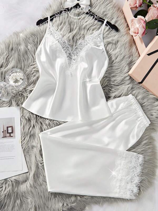 2 Pieces Solid Color Comfortable Women's Home Sleepwear Set With V-Neck Open Back Adjustable Shoulder Straps Sexy Lingerie & Long Pajama Pants With Lace Panels, Loose Nightwear Set