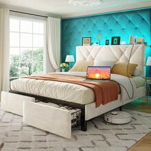 EnHomee LED Bed Frame With 2 Storage Drawers Velvet Upholstered Bed Frame With Charging Station And Adjustable Headboard Metal Platform Bed Frame,Beige - 米色 - 查看 8